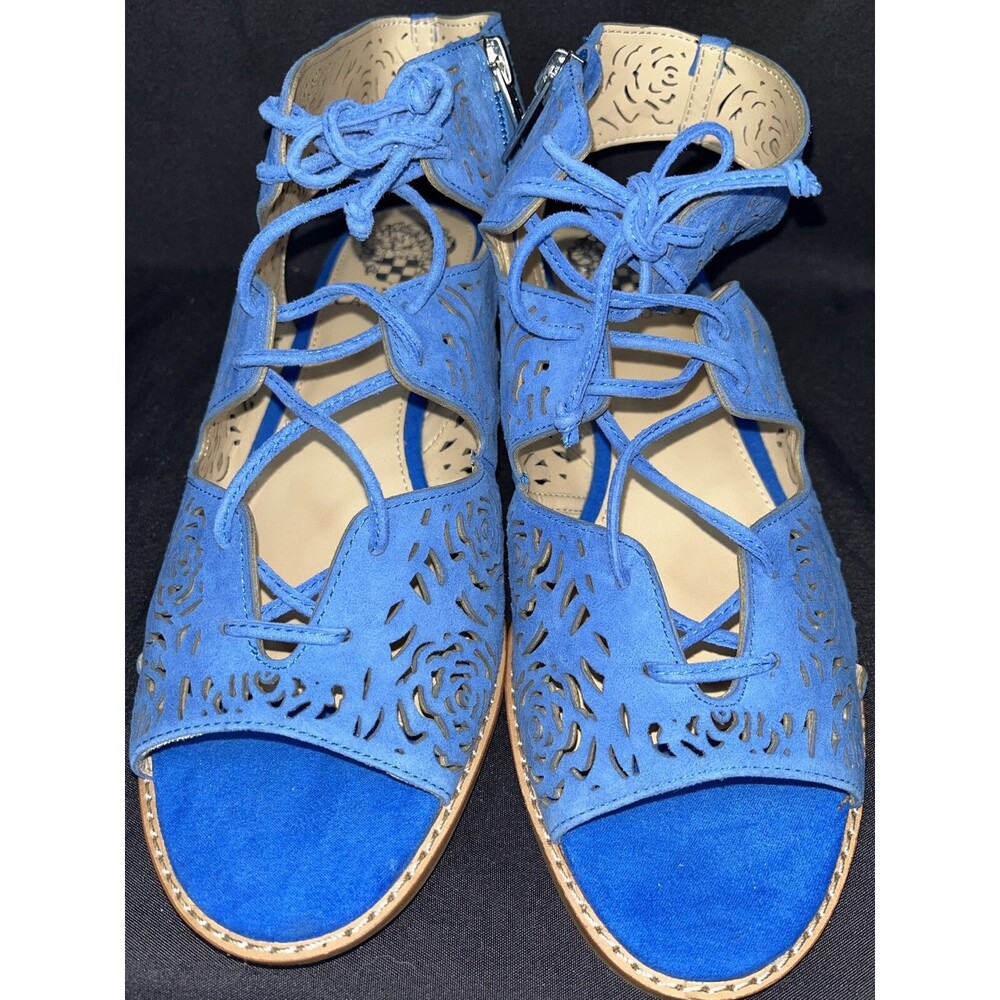 Vince Camuto VC-Regey Lace Up Laser Cut Low Open Toe Wedge Size 8 Blue
